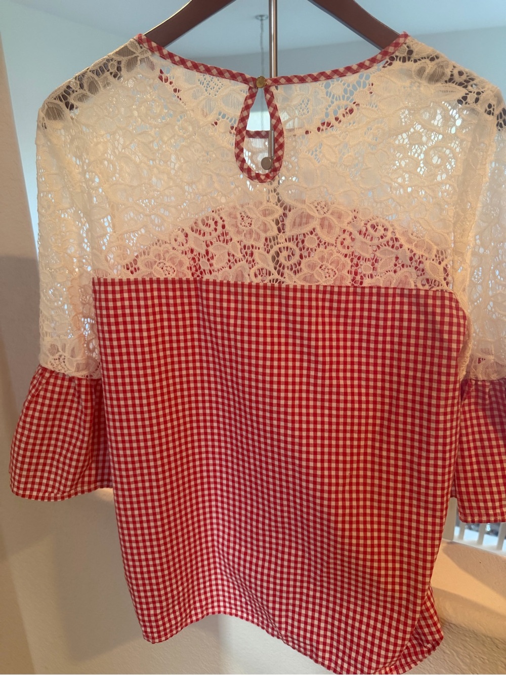 Marc New York Red White Gingham Check Lace Yoke Bell Sleeve Blouse Top L - Picture 8 of 11